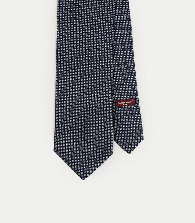 Cravatta lunga in seta blu con microfantasia quadrettata in blu e bianco
