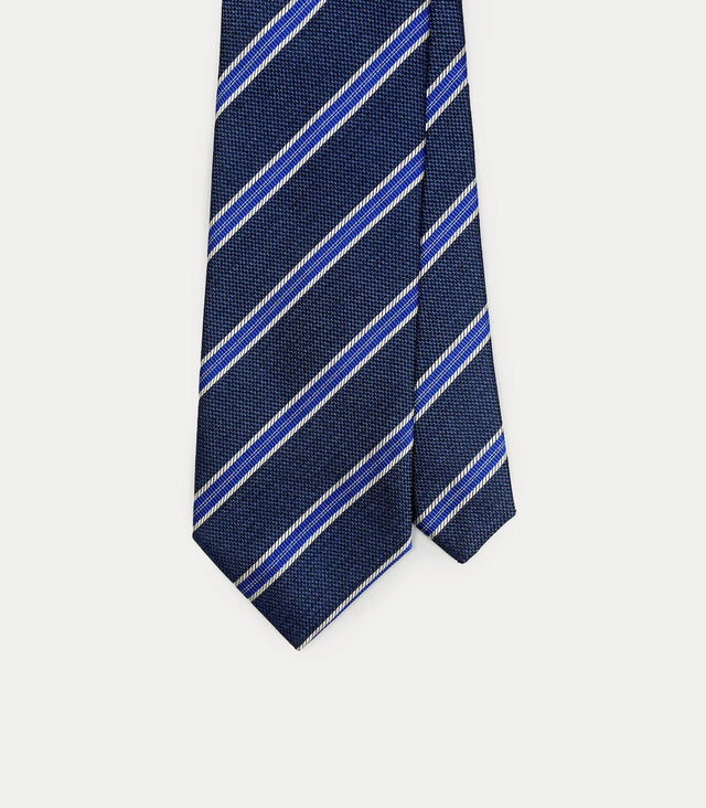 Cravatta lunga in seta blu scuro con doppie righe blu e bianche