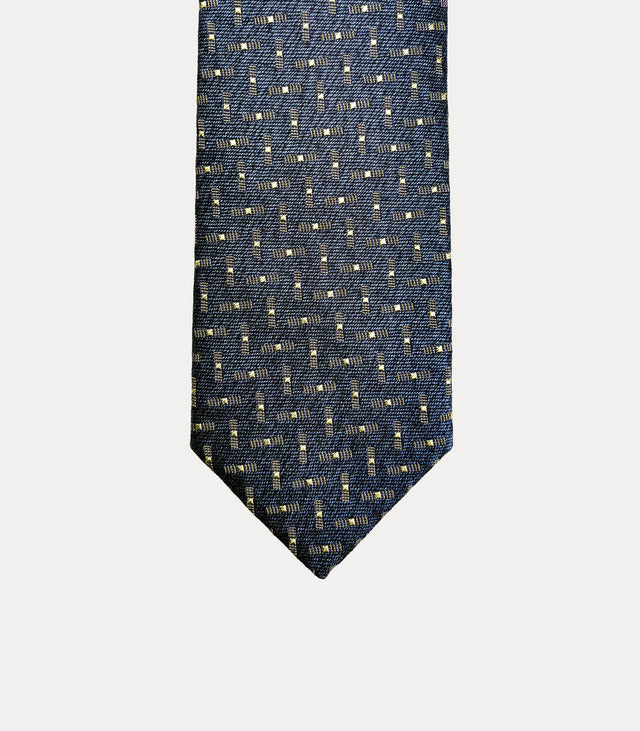 Cravatta uomo in seta 100% blu navy con microfantasia geometrica oro e avorio Fabio Toma Roma
