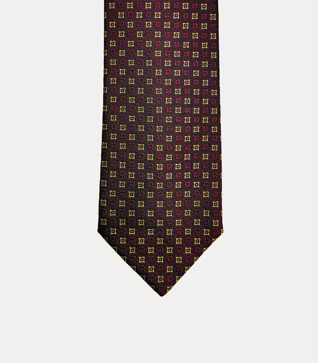 Cravatta uomo in seta 100% bordeaux scuro con microfantasia geometrica oro Fabio Toma Roma