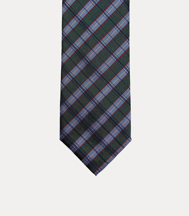 Cravatta uomo in seta 100% verde bosco e blu con fantasia tartan scozzese e dettagli rossi Fabio Toma Roma