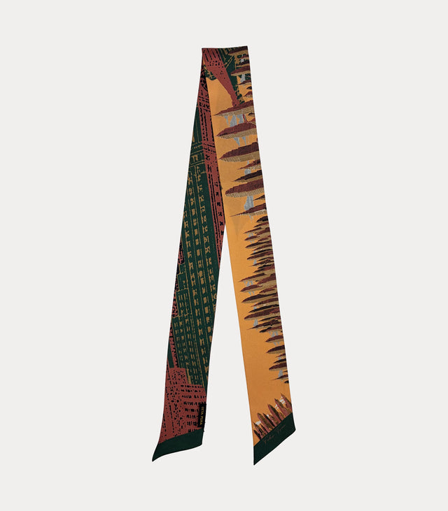 Twilly donna in seta 100% arancio e verde con fantasia skyline urbano Fabio Toma