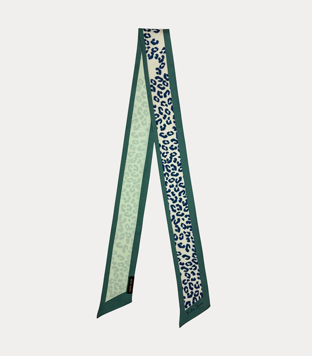 Twilly donna in seta 100% verde e avorio con fantasia animalier blu Fabio Toma