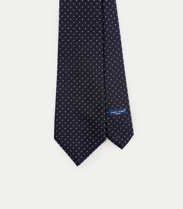 Cravatta blu e marrone scuro in seta e cotone con micro pois bianchi