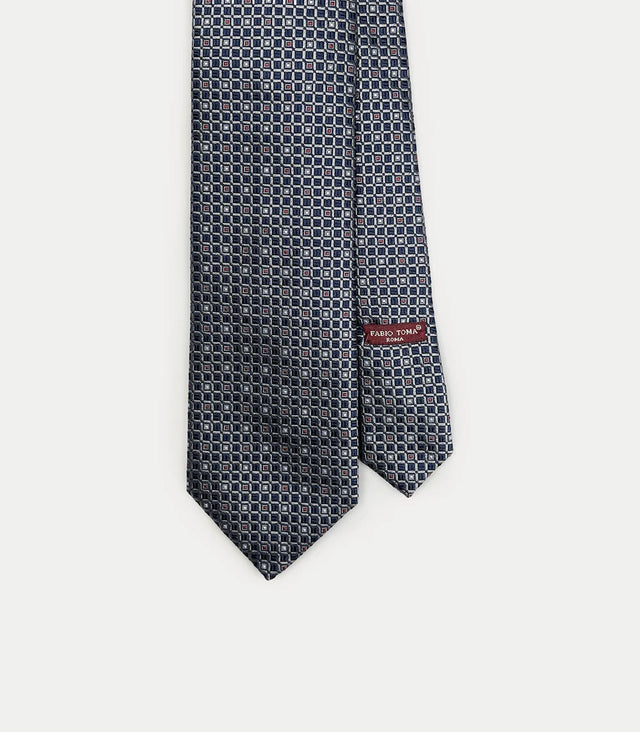Cravatta in seta blu navy con micro-motivo a quadri