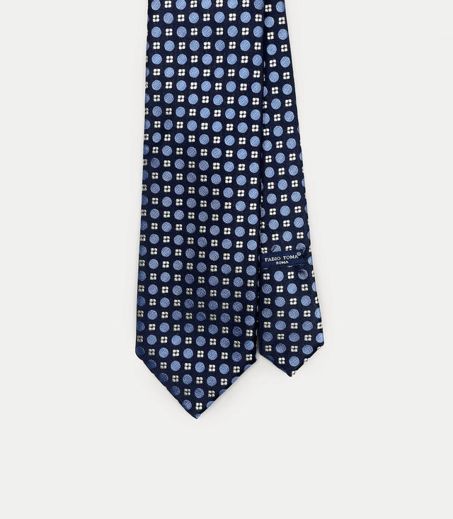 Cravatta blu navy in seta con motivo a pois e quadrati