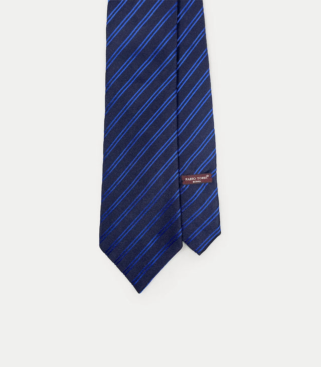 Cravatta blu navy in seta con righe blu brillante