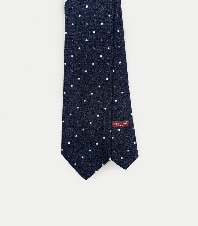 Cravatta blu notte in seta e cotone con micro pois bianchi e marroni