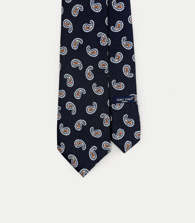 Cravatta blu notte in seta con motivo Paisley arancione