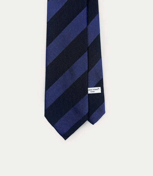 Cravatta blu notte in seta e cotone jacquard con righe larghe blu