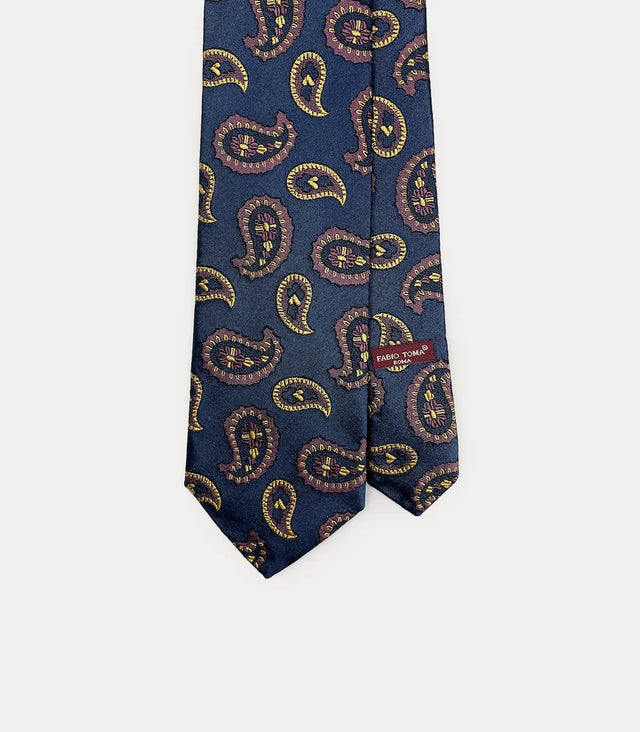 Cravatta blu in seta con motivo paisley giallo e bordeaux