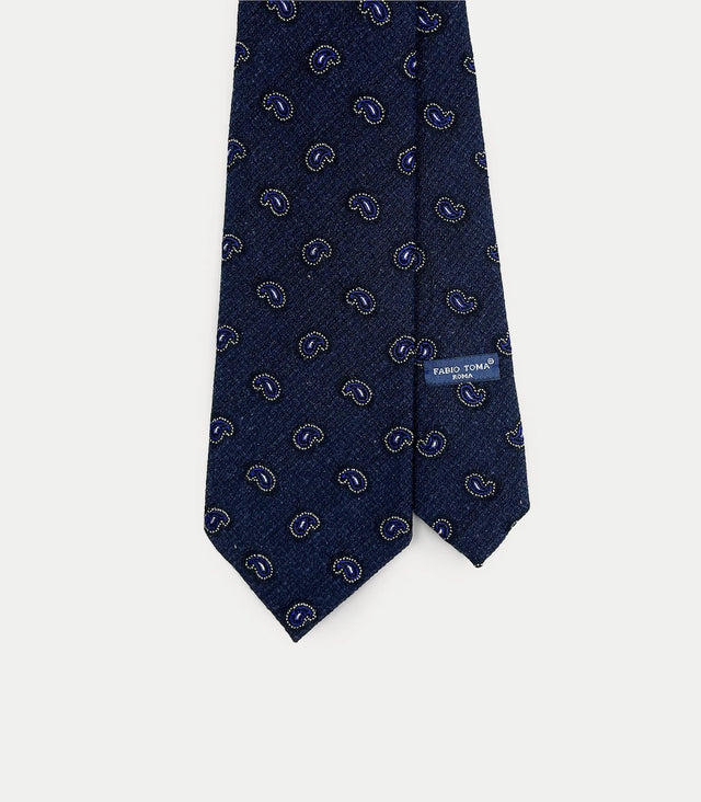 Cravatta blu scuro in seta e cotone con motivo Paisley sfumato