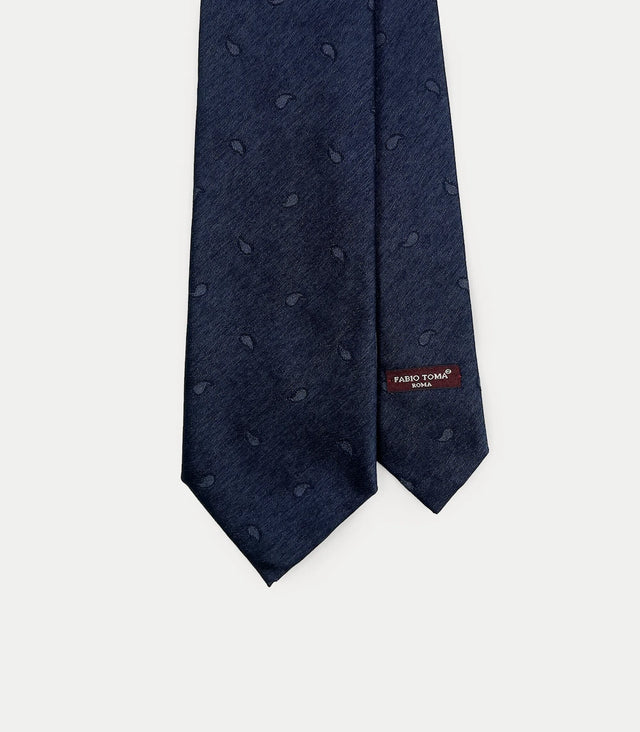 Cravatta blu scuro in seta e cotone con motivo Paisley tono su tono