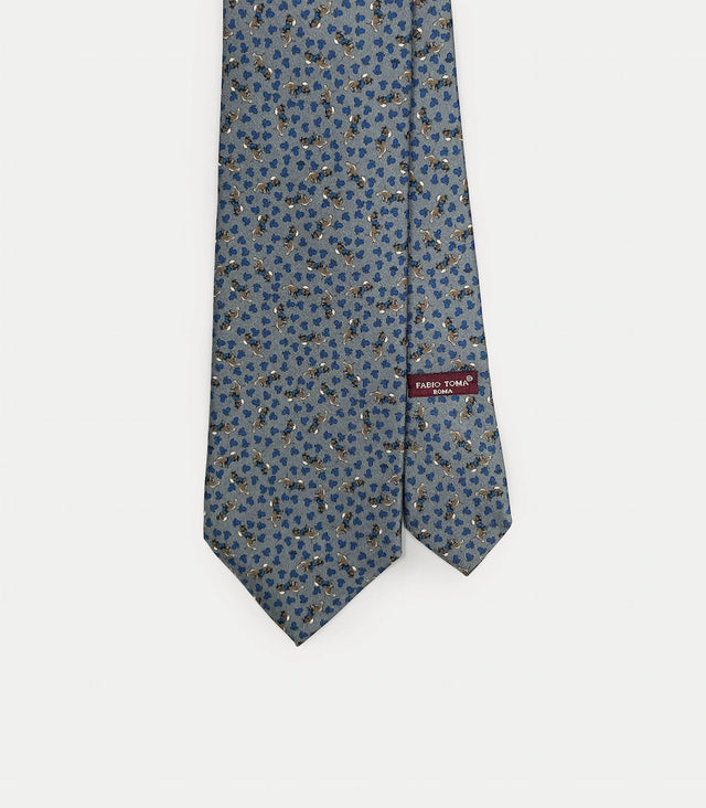 Cravatta celeste grigio in seta con motivo micro floreale blu e beige