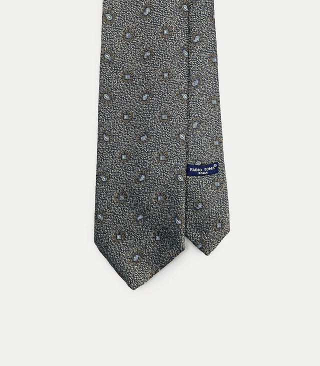 Cravatta grigia con micro paisley e medaglioni in seta e cotone