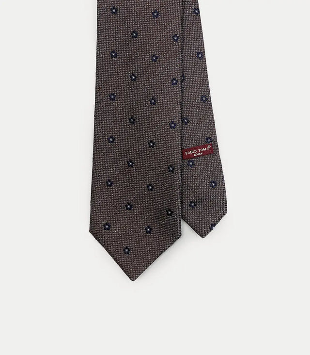 Cravatta marrone in seta con microfiori blu
