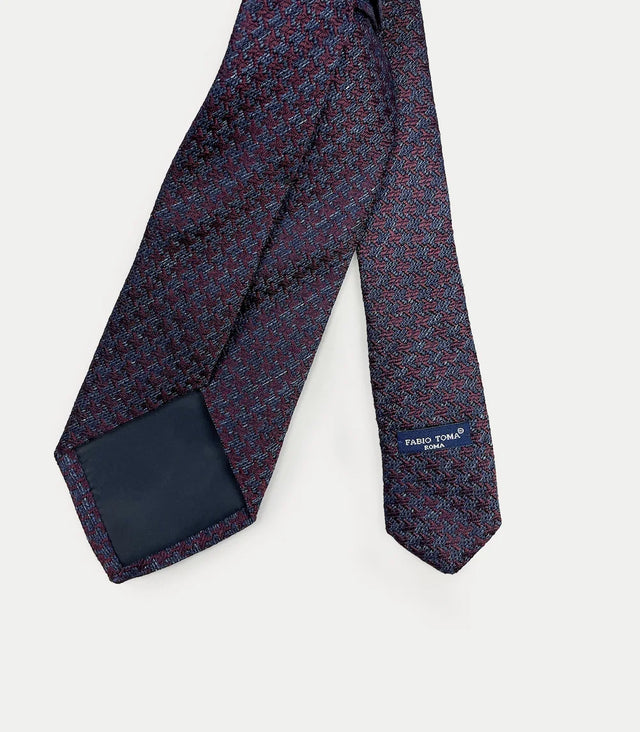 Retro cravatta in seta con motivo geometrico intrecciato blu e bordeaux