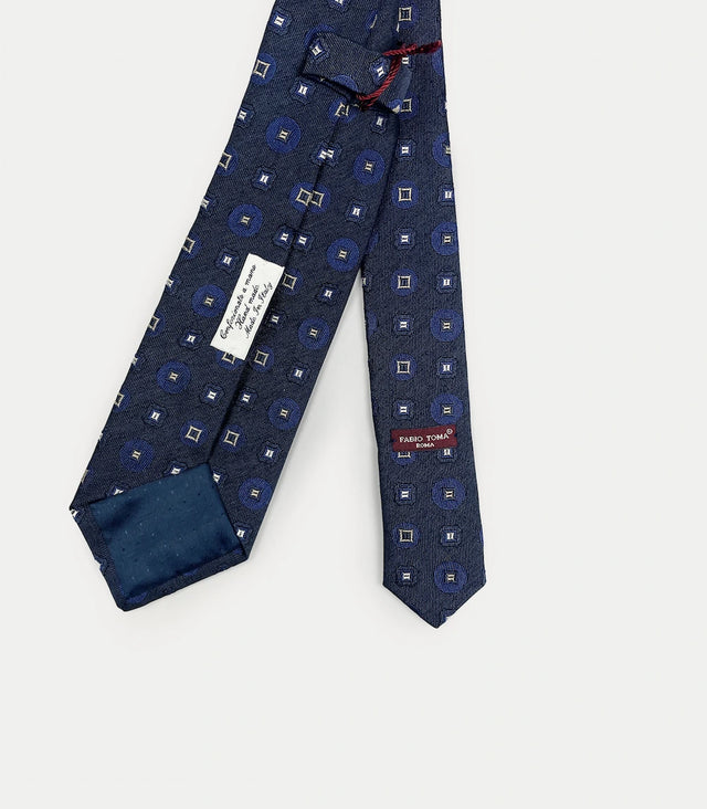 Retro cravatta blu in seta e cotone con pattern geometrico