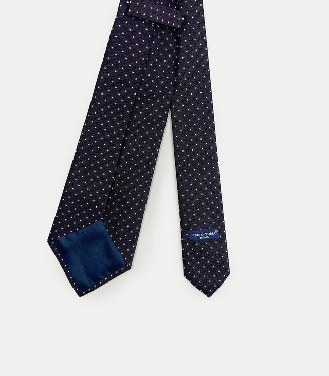 Retro cravatta blu e marrone scuro in seta e cotone con pattern a pois