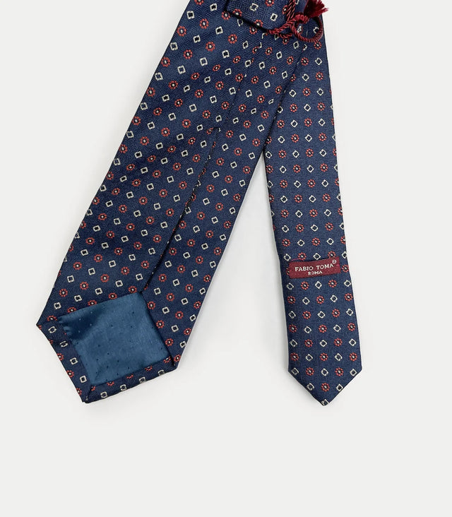 Retro cravatta blu in seta con piccoli disegni rossi e beige