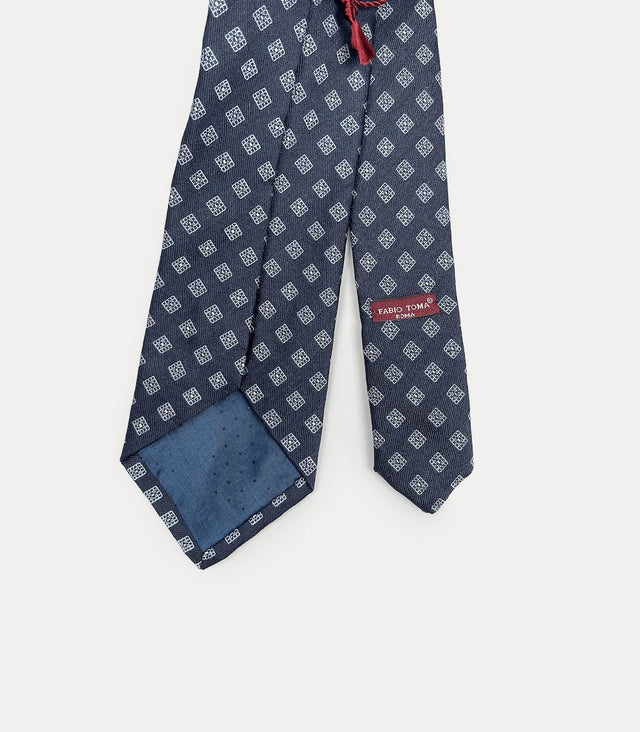 Retro cravatta blu navy in seta con disegno a quadretti celesti