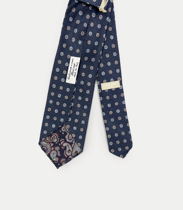 Retro cravatta blu notte in seta con fantasia paisley e piccoli fiori