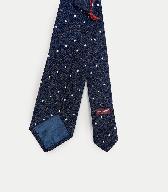 Retro cravatta blu notte in seta e cotone con pattern a pois