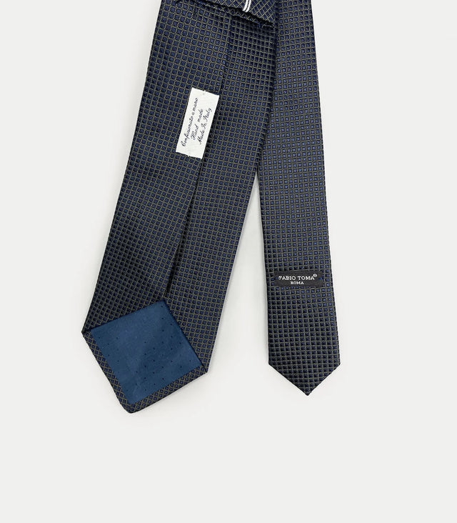 Retro cravatta blu notte in seta con pattern micro quadrettato
