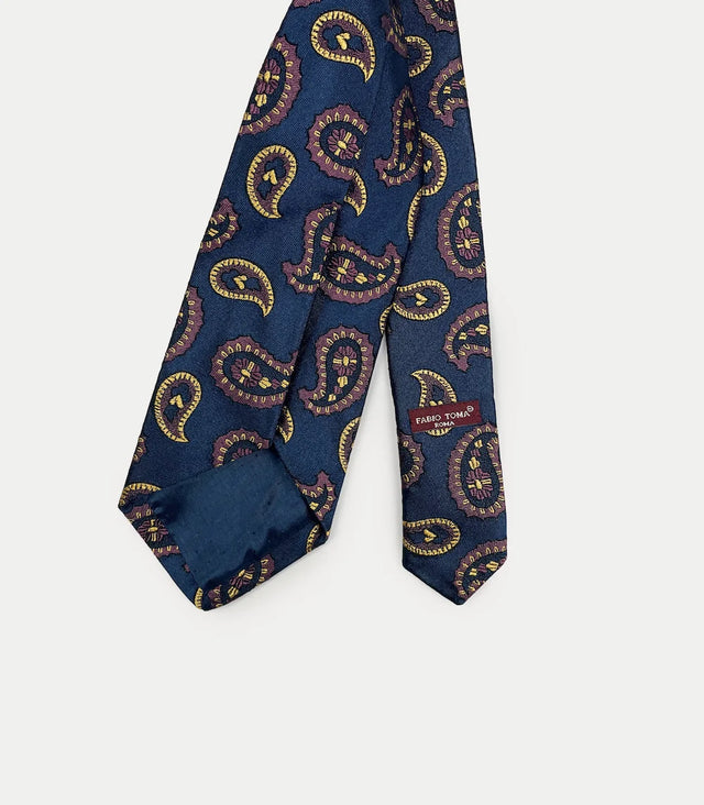 Retro cravatta blu con disegno paisley giallo e bordeaux