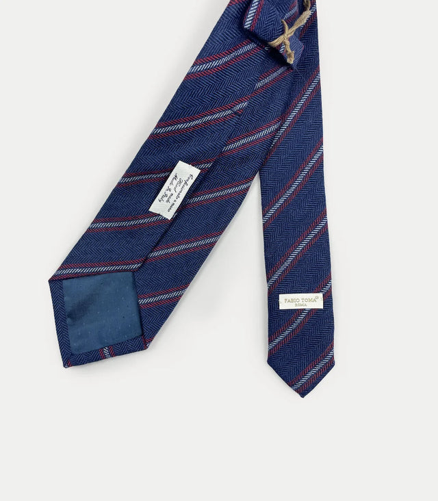 Retro cravatta blu rigata con disegno spina di pesce in cashmere