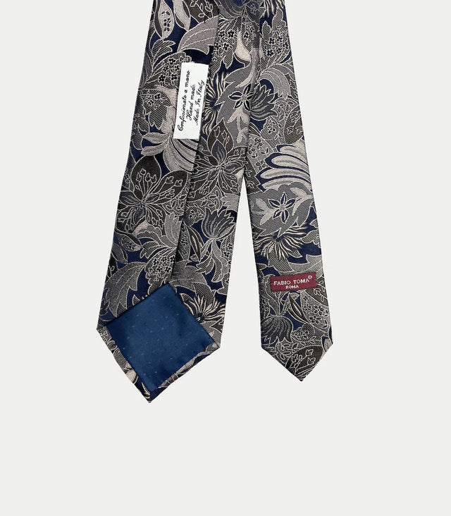 Retro cravatta blu scuro in seta con fantasia floreale