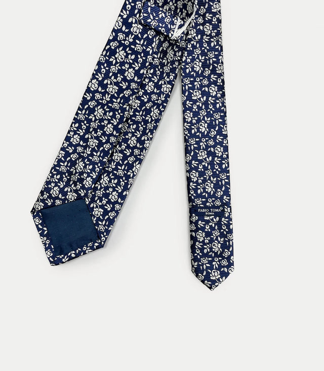 Retro cravatta blu scuro in seta jacquard con pattern floreale