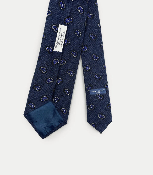 Retro cravatta blu scuro in seta e cotone con pattern Paisley