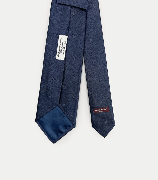 Retro cravatta blu scuro in seta e cotone con pattern Paisley tono su tono