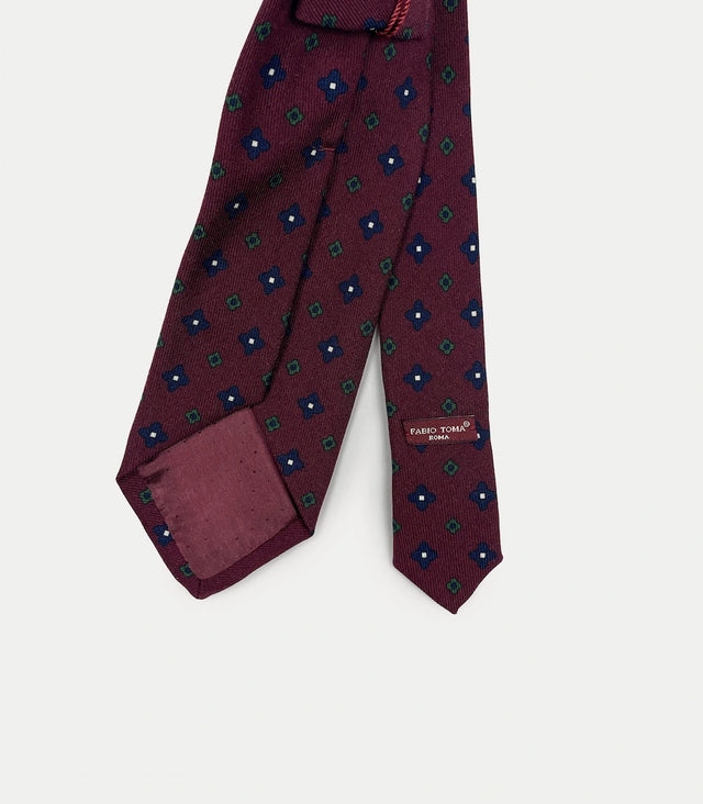 Retro cravatta bordeaux in lana con disegni geometrici blu e verdi