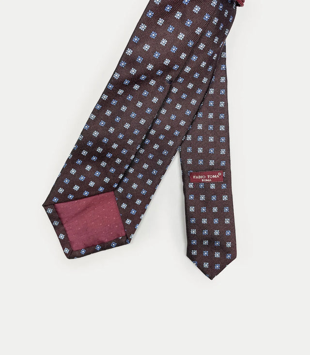 Retro cravatta bordeaux in seta con microdisegni azzurri