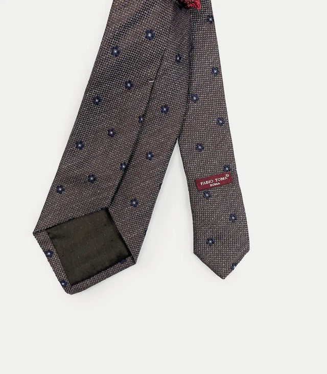 Retro cravatta marrone con microfiori blu in seta
