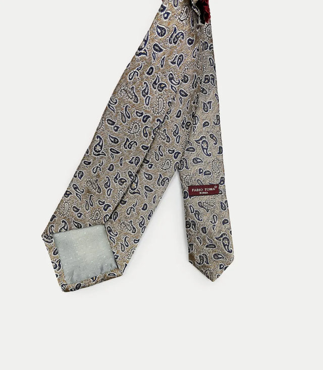Retro cravatta beige con motivo paisley blu in seta 100%