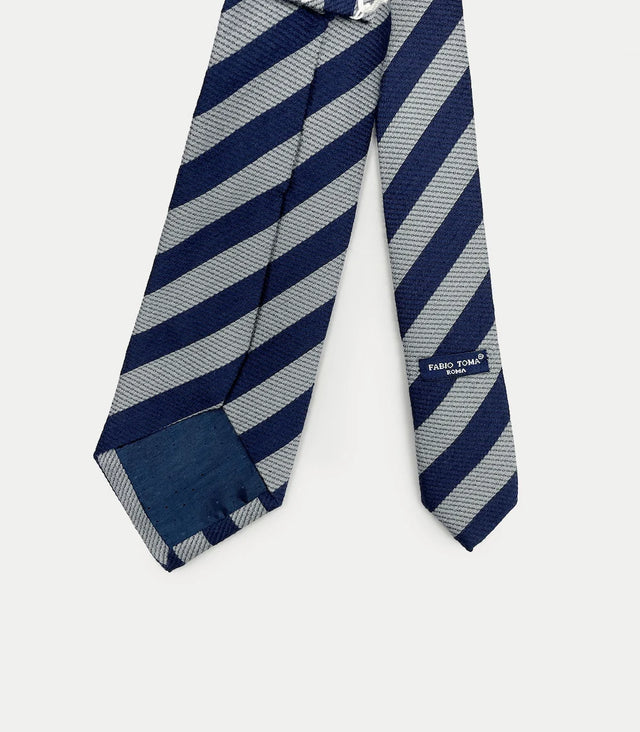 Retro cravatta rigata blu e grigia in misto lana e seta