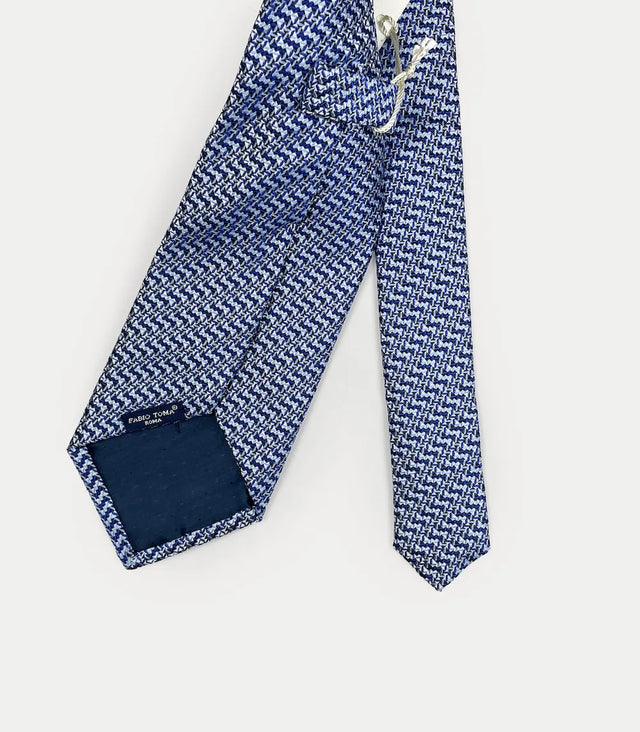 Retro cravatta extra lunga in seta blu con microfantasia geometrica