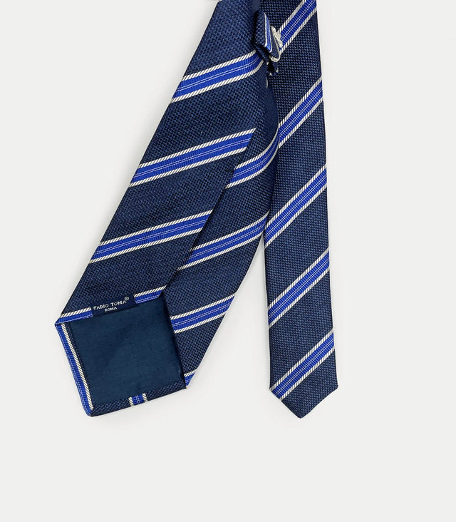 Retro cravatta extra lunga in seta blu scuro con motivo a doppie righe