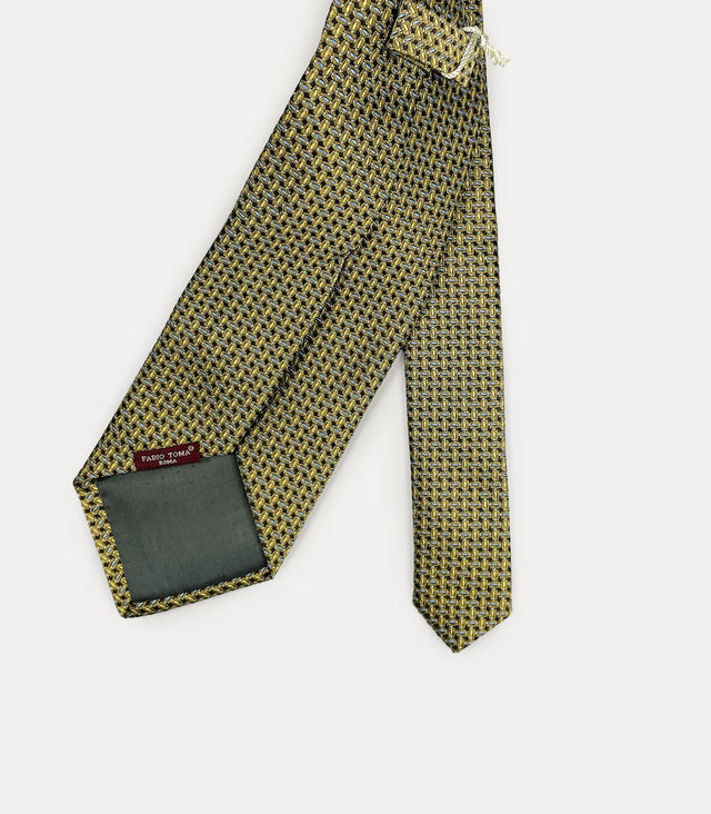 Retro cravatta extra lunga in seta con motivo geometrico giallo oliva