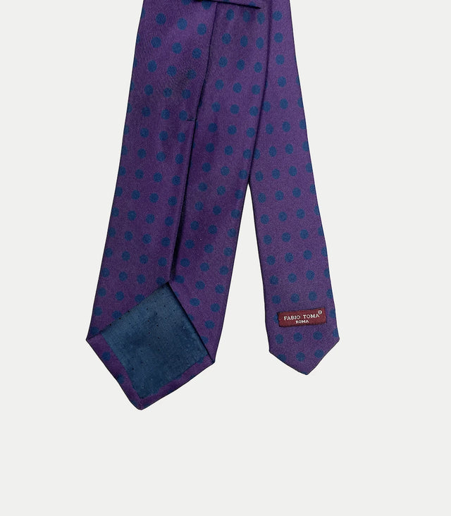 Retro cravatta viola in seta twill con motivo a pois blu