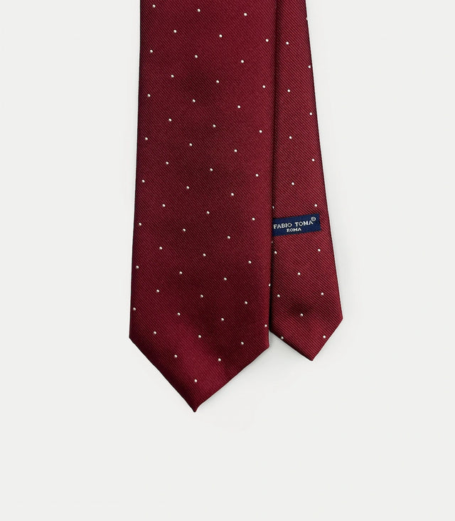 Cravatta rosso bordeaux in seta con pois bianchi