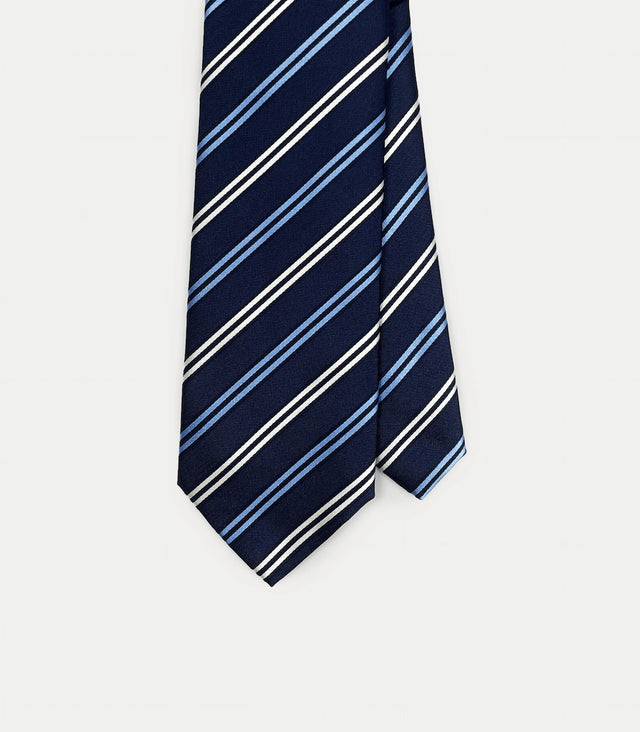 Cravatta lunga in seta blu navy con righe azzurre e bianche