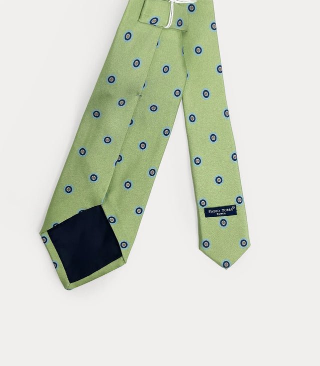 Cravatta verde salvia in pura seta con micro pattern circolare blu navy e marrone fatta a mano in Italia.