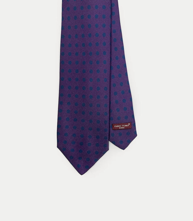 Cravatta in seta twill viola con pois blu scuro