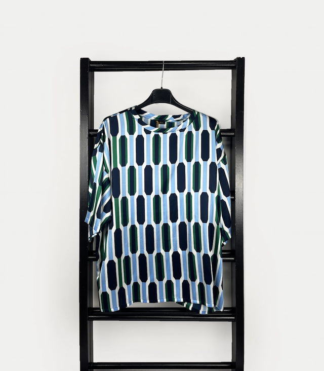 T-shirt uomo in seta elasticizzata con motivo geometrico a barre blu, verdi e bianche